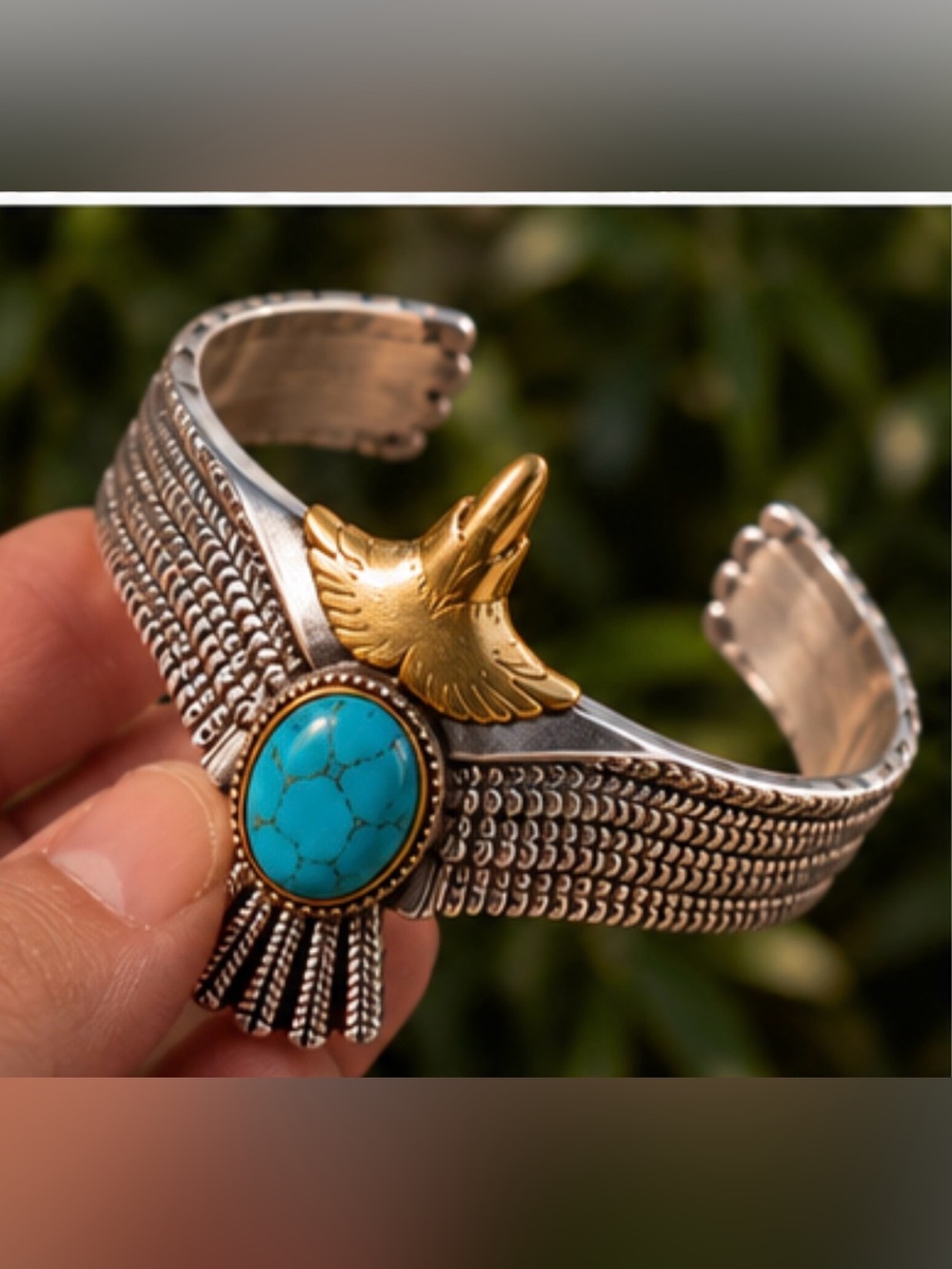 Silver-Tone Turquoise Eagle Cuff Bracelet - Gold Accent